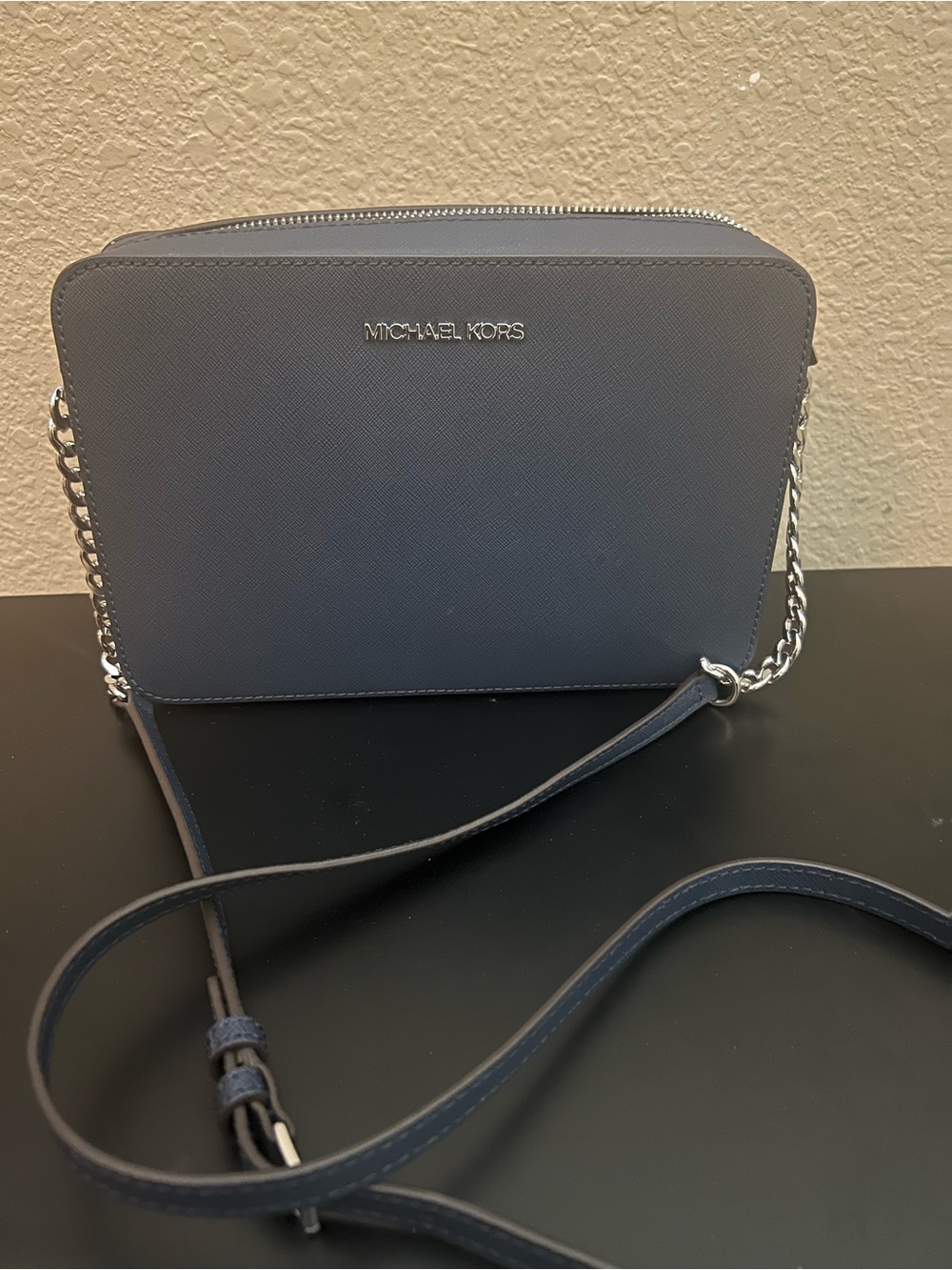 Michael Kors Navy Jet Set Saffiano Leather Crossbody with Silver Chain